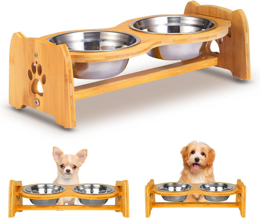 Adjustable Bamboo Raised Bowls for Cats and Dogs